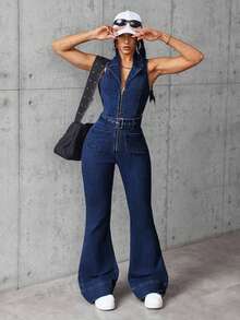 SHEIN EZwear Bộ áo liền quần không tay ôm sát, màu trơn, có khóa kéo, ống loe và quần yếm dành cho nữ. - Màu xanh lam - Xem 3