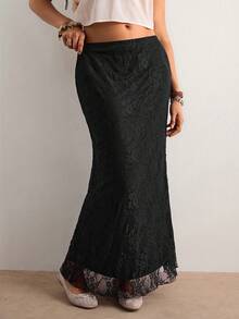 Plus Size Solid Color Lace Fitted Long Skirt, Summer Sexy Party  Holiday Outfits Beach Dress Boho Style Hippie Black - Black - View 3