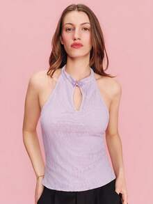 lacRébo Embroidered Lilas Halter Top With A Front Keyhole Opening Spring Summer French Style Parisian Style Going Out Vacation Top Holiday Top - Mauve Purple - View 4