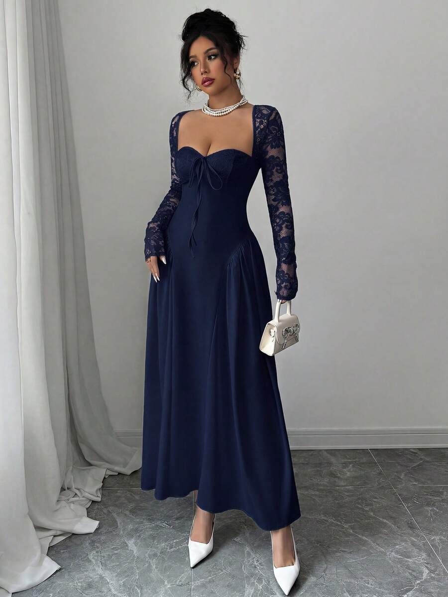 SHEIN LUNE 节日礼服派对舞会白色蕾丝长袖公主蓬蓬裙性感长裙;春夏女装;节日派对礼服;新年夜礼服;新年女士服装;情人节长裙;黑白拼接;毕业礼服;单身派对服装;锐舞派对服装;优雅礼服;婚礼宾客礼服;女士派对礼服;优雅女士正式礼服;长袖晚礼服 - 藏蓝色 - 查看 1