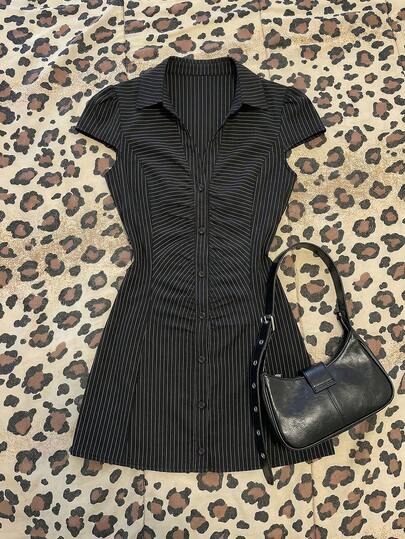 Elamini Women's Dress, V-Neck Ruched Black & White Striped Shirt Dress Striped Office Dress For Women Vintage Womens Work Clothes For The Office Womens Formal Wear Dress Work Dresses For Women Womans Dress Pin Stripe Dress Pinstripe Dress Women Outfit