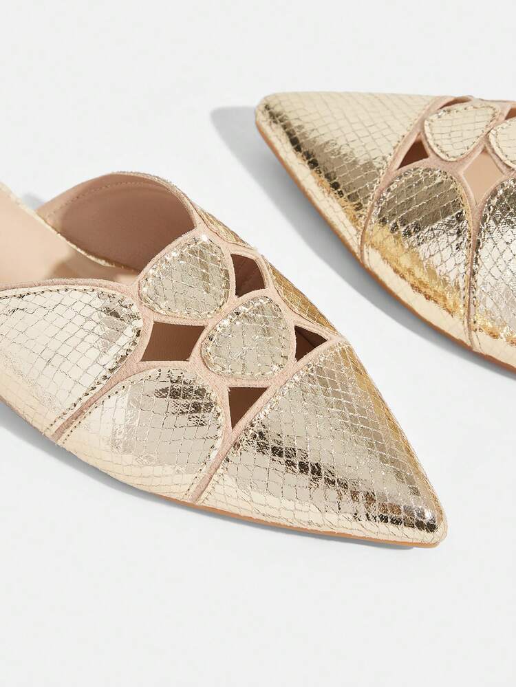 CUCCOO TILAWA Women's Pointed Metal Gold Snake Pattern Computer Car Line Splicing Daily Travel Casual Versatile Fashion Flat Shoes