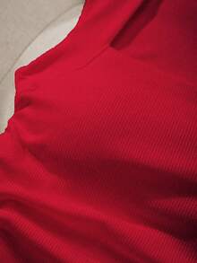 SHEIN EZwear 女士纯色褶皱休闲百搭日常上衣 - 紅色 - 查看 4