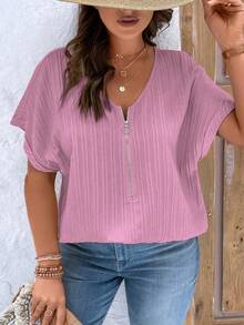 EMERY ROSE Plus Size V-Neck Zipper Decor Textured Fabric Short Sleeve Casual Shirt - Dusty Pink - View 6