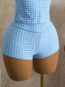 Swim Mod Bộ bikini 2 mảnh dành cho nữ, họa tiết kẻ caro ngẫu nhiên, gồm áo hai dây và quần short, thích hợp cho mùa hè đi biển. - Màu xanh nhạt - Xem 5