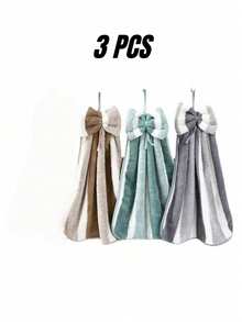 3pcs/Pack Coral Fleece Creative Striped Bow Soft Absorbent Hand Towels With Hanging Loop Dish Cloths Kitchen Towel - Multicolor - View 9