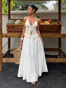 Sunnyshic Women's Summer Halter Neck Deep V Lace Trim Asymmetrical Texture Jacquard Hem Vacation Camisole - Apricot - View 6