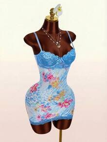 Amplova Lace Cup Detail Tropical Floral Mesh Bodycon Mini Dress Body Fitting Dress Hot Dresses For Women Women's Summer Outfits Body Shaping Dress Y2k Summer Outfits For Women Spring Clothes Women Festival Outfits For Women Easter Dress Women Party Clothing Wedding Guest Clothing For Women Graduation Clothing Casual Clothing For Women Holiday Outfits For Women - Blue - View 5