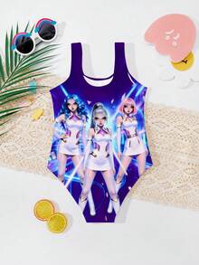 SHEIN 卡通少女头像，亮紫色，K-Pop 超级明星，卡通女团泳装印花图案，适合夏季的连体泳衣 - 彩色 - 查看 2