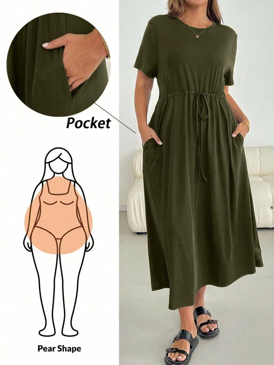 Shapeblank 大尺碼女款夏季洋裝,短袖,橄欖綠,休閒服飾,適合度假、假期、辦公室 - 軍綠色 - 查看 1