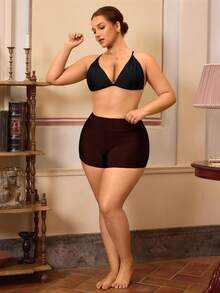 Swim Basics 大码女士纯色比基尼泳裤 - 酒紅色 - 查看 5