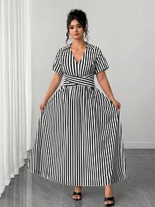 Elenzga 大码女式休闲条纹V领短袖抽绳腰长连衣裙，夏季斑马纹印花套装，Zanzea女式连衣裙，条纹连衣裙，大码夏季连衣裙，条纹长裙，大码女式夏季套装 - 黑與白 - 查看 7
