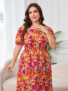 Reflora 大码女式夏季浪漫优雅度假风全身印花方领泡泡袖收腰中长连衣裙 - 橘色 - 查看 7