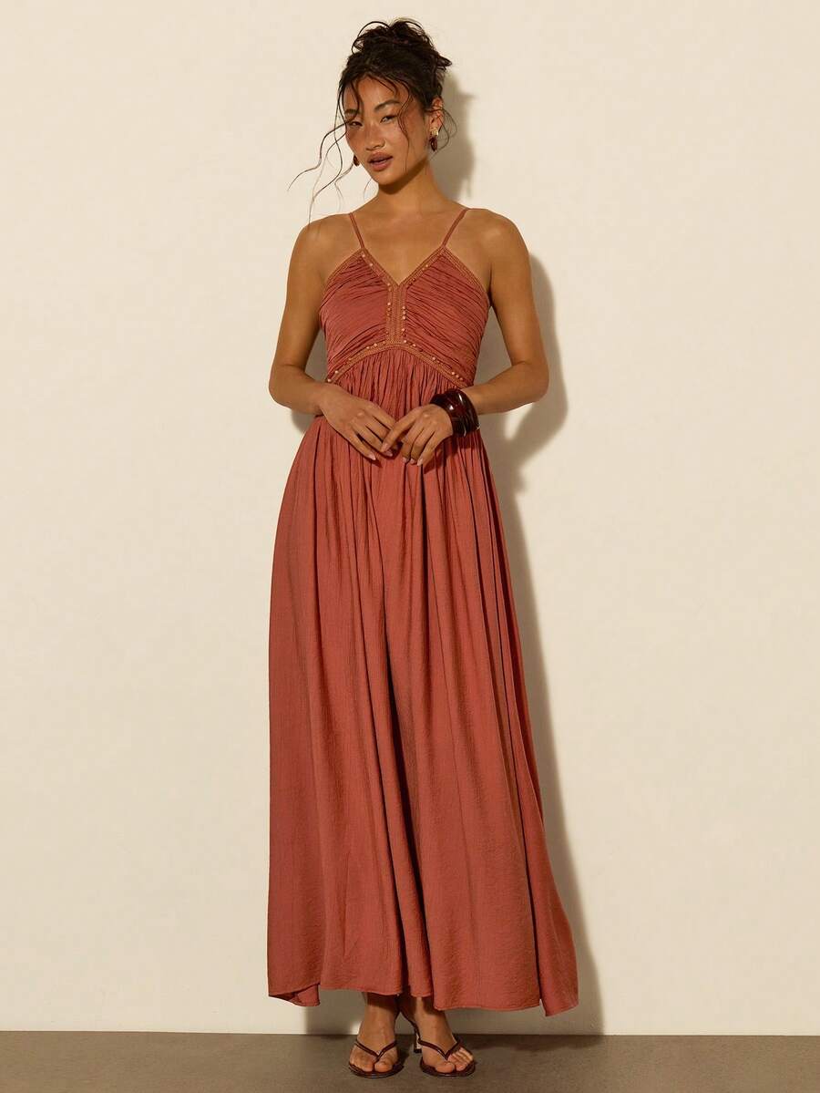 COSMINA Women's Elegant V-Neck Dress, Ruched Bust Design, Suitable For Vacation - Brown - View 1