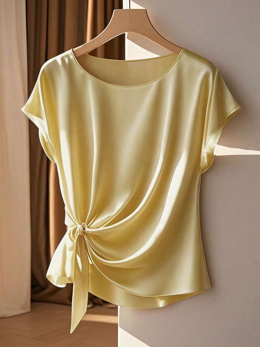 SHEIN LUNE 优雅短袖圆领荷叶边下摆蝴蝶结卡其色女式衬衫,春夏款 - 黃色 - 查看 1