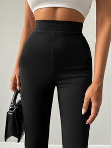SHEIN Plus Size Women Casual Black Solid Color High Waist Flare Leg Pants - Black - View 4