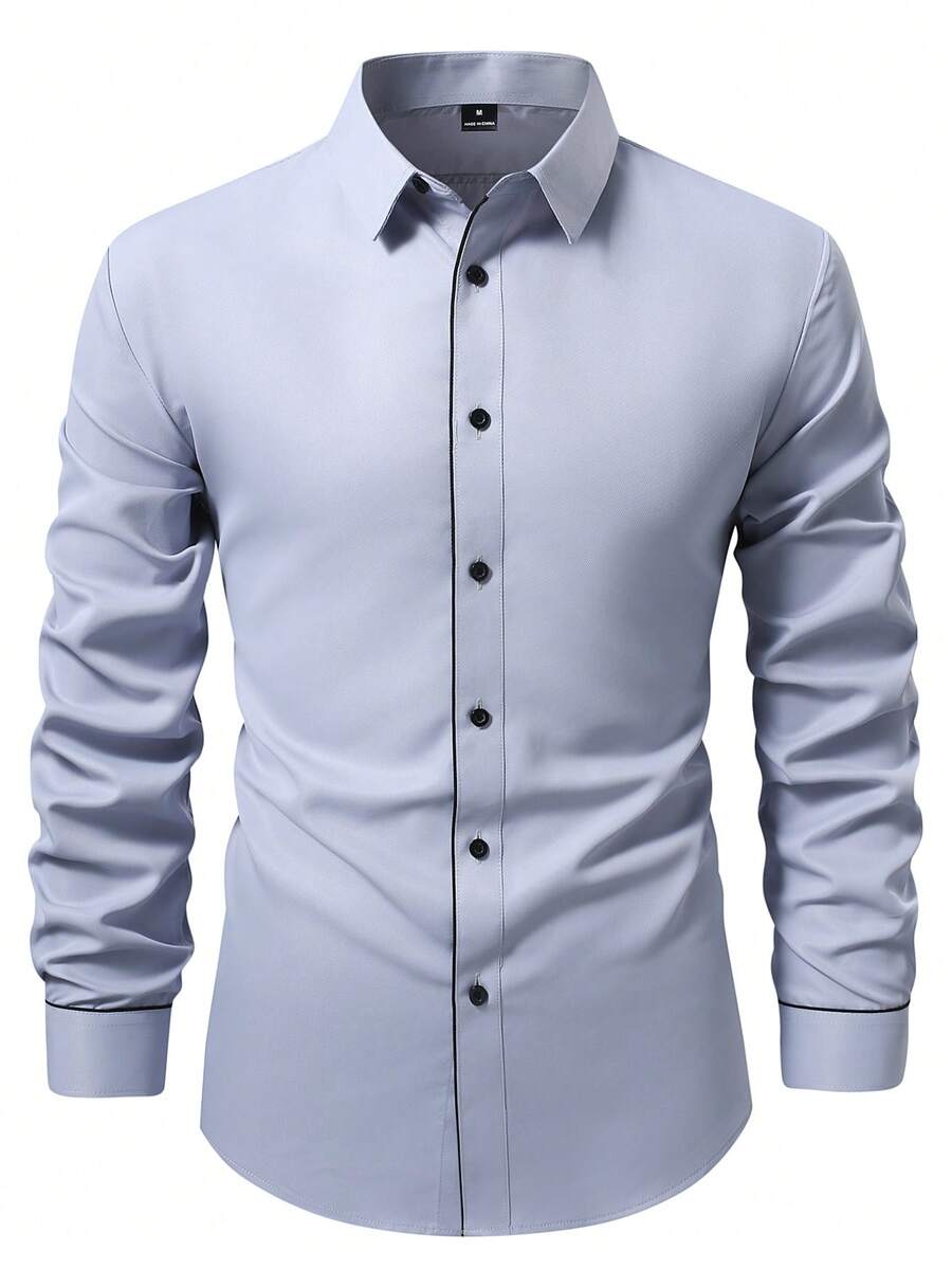 Manfinity Bizformal 男士休闲撞色滚边长袖衬衫，适合日常穿着和通勤，春秋季，正式场合适用 - 淺灰色 - 查看 1