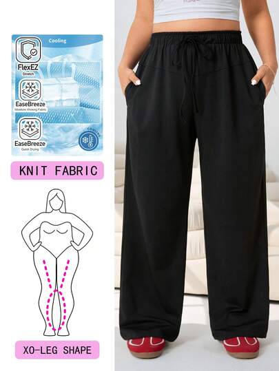 Solflare Spring/Summer New Casual Loose Fit Black Plus Size Pants, Suitable For Outdoor, Daily, Party, Commute, Music Festival, Back To School, Graduation, Vacation, Streetwear, Homewear, Exploration, City Stroll, Multi-Occasion Wear, Can Be Worn Outerwear Or Underlayer, Quick-Dry, Breathable, Moisture-Wicking, High-Elasticity Knit, Elastic Waistband