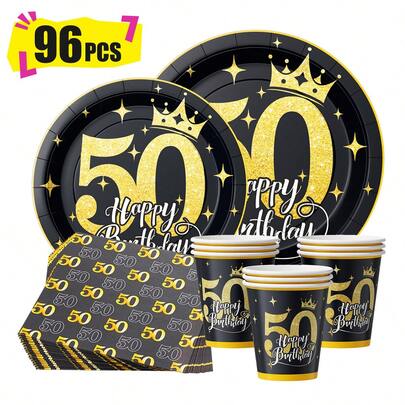 50周年黑色金色圆点生日快乐一次性餐盘、餐巾纸和杯子，派对用品套装，可供24人使用，一次性纸质派对餐具，适用于生日、婚礼、主题派对、家庭野餐。