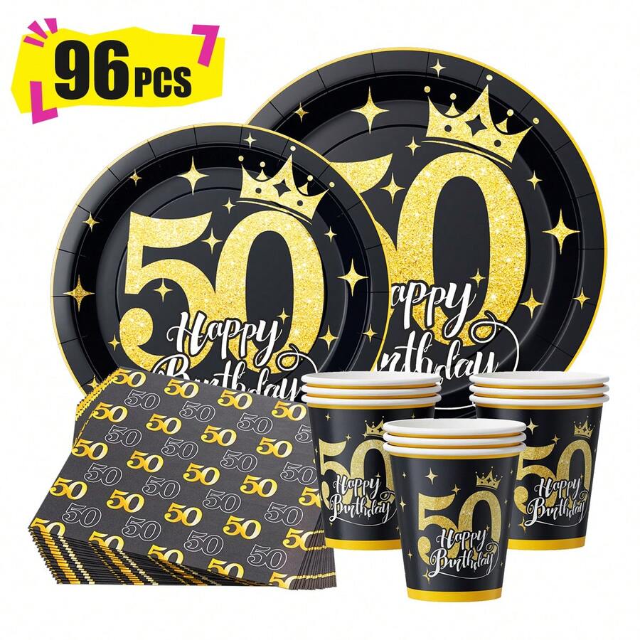50周年黑色金色圆点生日快乐一次性餐盘、餐巾纸和杯子，派对用品套装，可供24人使用，一次性纸质派对餐具，适用于生日、婚礼、主题派对、家庭野餐。 - 查看 1