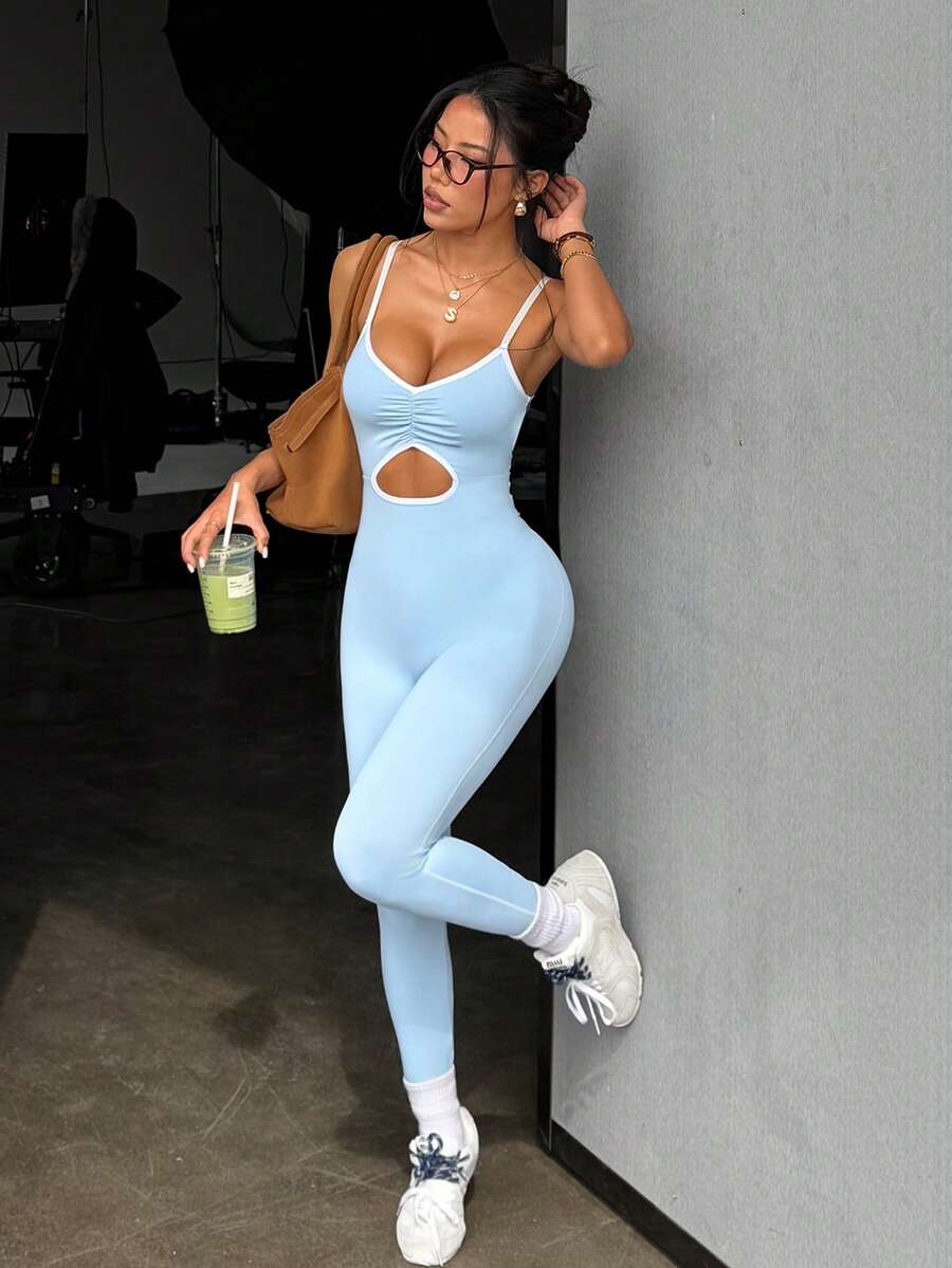 SHEIN Sovereign Charm 女士无袖马卡龙蓝连体裤，后背交叉绑带设计，适合日常休闲穿着、跑步、瑜伽、健身、网球、高尔夫等运动。 - 藍色 - 查看 1