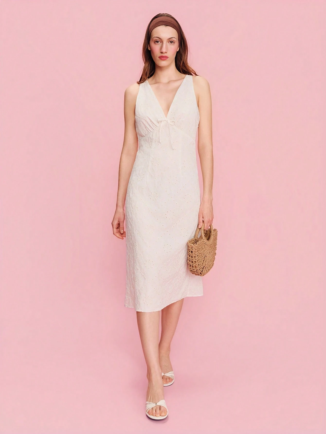 White Embroidered Midi Dress With Deep V Neckline Spring Summer French Style Parisian Style Holiday Dress Festival Dress Casual Dress Embroidered Floral Dress