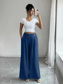 Elenzga Calça feminina elegante, moderna e urbana, azul-clara, de cintura alta e modelagem flare com botões dourados. Ideal para uso diário, casamentos, eventos de gala, trabalho, formaturas, feriados, férias, encontros, festas, Halloween, Natal, Ano Novo, Dia de Ação de Graças e casamentos. - Azul marinho - Ver 3