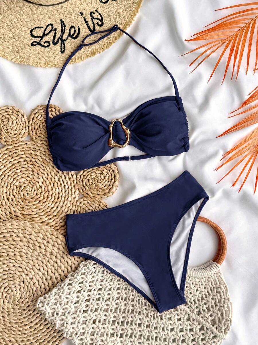 SHEIN 适合青少年女孩的纯色无肩带系带金属饰品比基尼套装，夏季泳装套装/沙滩女孩装/两件式泳衣/青少年比基尼套装 - 藏蓝色 - 查看 1