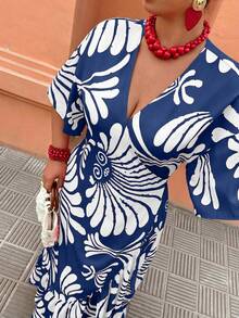 Breezaya 女士交叉荷叶边印花休闲度假上衣，时尚外出连衣裙 - 彩色 - 查看 4