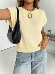 Siren Gaze Women's Solid Color Round Neck Short Sleeve Casual Loose Knit Top - Light Yellow - View 4