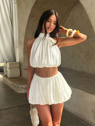 Opulessa Women's Solid Color Woven Off-Shoulder Cropped Top & Shorts 2-Piece Set, Spring/Summer