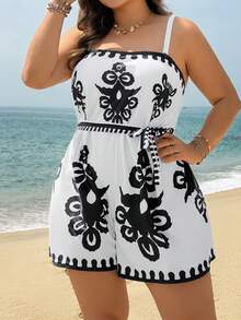 Swim Lushoire New Summer Beach Vacation Swimsuit, Totem Print Plus Size Women One-Piece Swimsuit With Shorts - Black and White - View 5