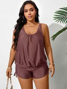 Swim Lushoire Plus Size Women's Solid Color Pleated Tankini Bikini Set Set, Beach & Resort Style - Dusty Pink - View 4