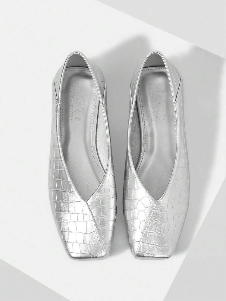 WOMEN SHOES NEW FRENCH RETRO FASHION STONE PATTERN FLAT BOTTOM SQUARE TOE V-CUT SHOES, SILVER SIMPLE AND VERSATILE, COMFORTABLE AND ELEGANT TEMPERAMENT, ADVANCED SENSE, SLIP-ON MARY JANE SHOES