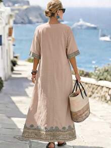 Breezaya 女士休闲度假波西米亚风V领印花宽松舒适夏季居家日常外出超长连衣裙，女士度假装，女士夏季连衣裙，春夏过渡款，休闲长裙，女士休闲装 - 藕粉色 - 查看 2