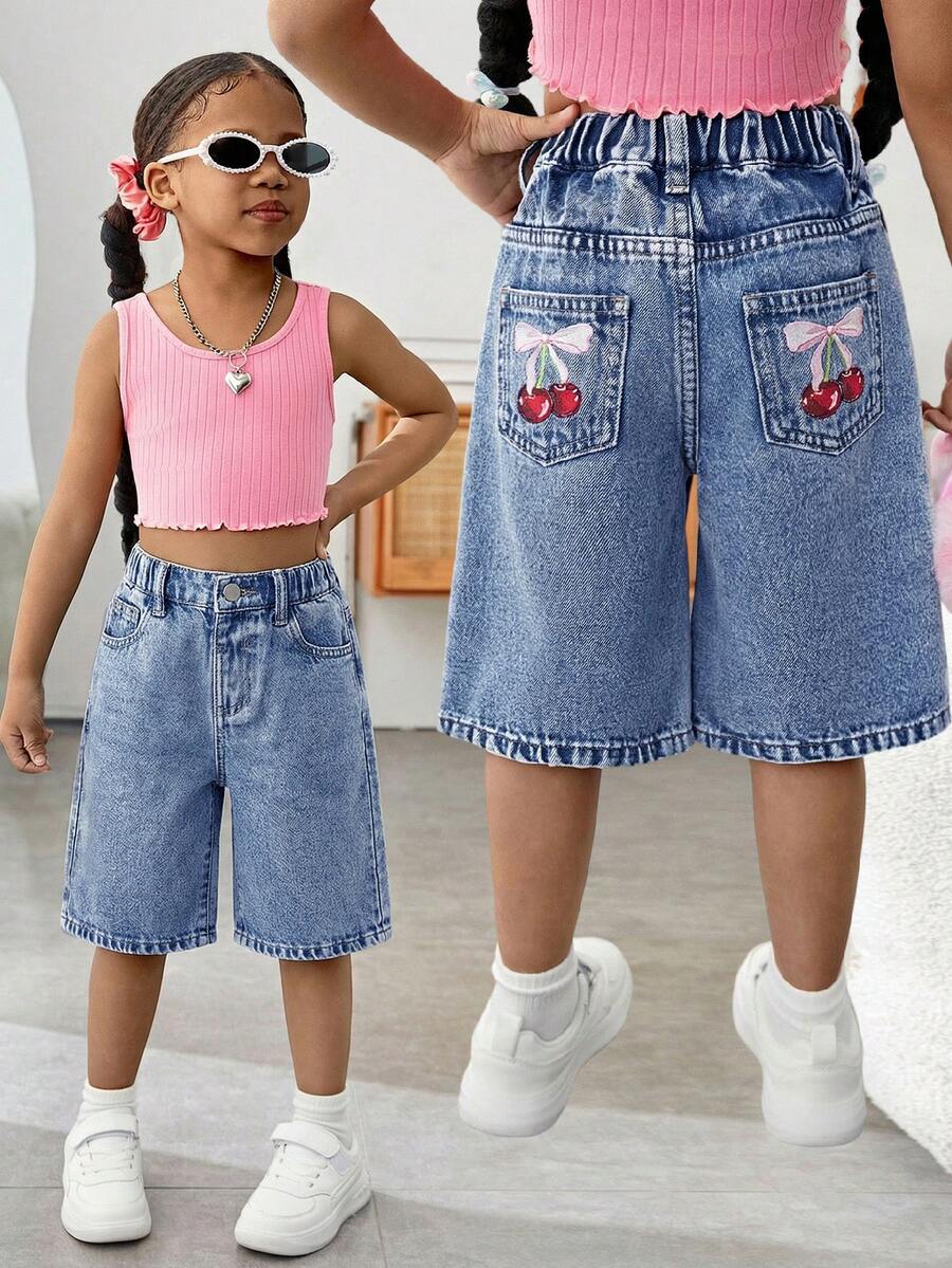 SHEIN Young Girl Cherry Pattern Pocket Casual Denim Shorts - Medium Wash - View 1