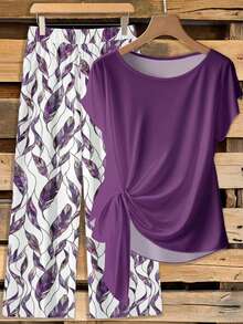 EMERY ROSE Plus Size Women Solid Color Round Neck Top And Wide Leg Pants Casual Everyday Set - Multicolor - View 5