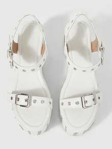ROMWE Grunge Punk Ladies, Spike Buckles, Lame-Heeled Platform Sandals. - White - View 3