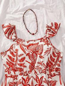 Sparklyn Romper Anak Perempuan Motif Tanaman Tropis dengan Lengan Bergelombang, Desain Pita di Bagian Belakang, dan Detail Bunga di Bagian Bawah, Potongan Longgar untuk Gaya Liburan Musim Panas yang Santai - MultiWarna - View 5