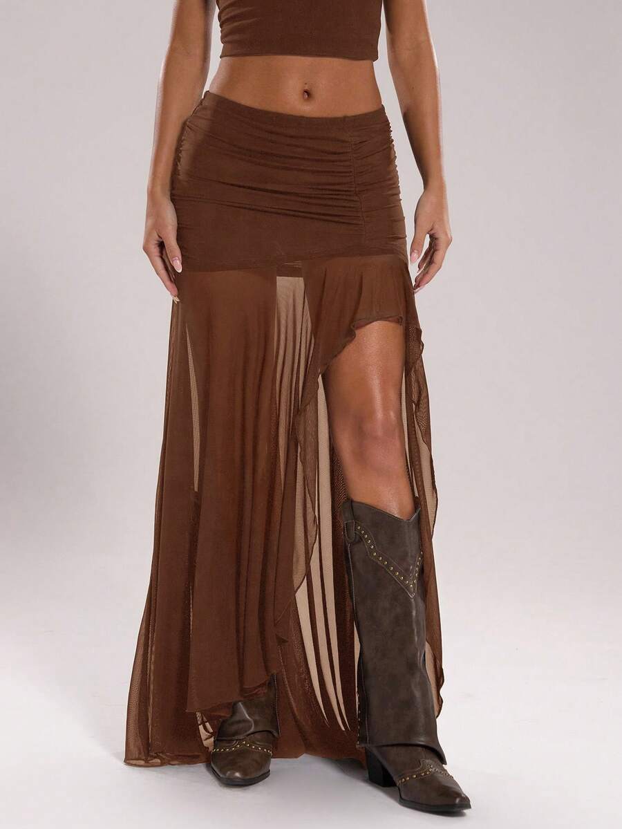 SHEIN BAE 女士纯色腰部褶皱不对称下摆时尚半身裙 - 棕色 - 查看 1