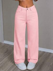 SHEIN PETITE Women's Solid Color Zipper Button Front Pocket Straight Loose Fit Casual Jeans Pants, Suitable For Outdoor Activities - Pink - View 4