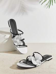 SHUZIA Sandal đế bằng cổ điển thắt nơ đơn giản dành cho nữ, thích hợp mang hàng ngày vào mùa hè. - Đen và trắng - Xem 6