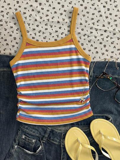 Áo hai dây kẻ sọc cỡ lớn dành cho bé gái, kiểu dáng thường ngày đa năng, phù hợp cho các hoạt động hàng ngày, du lịch, đi học và các dịp khác.