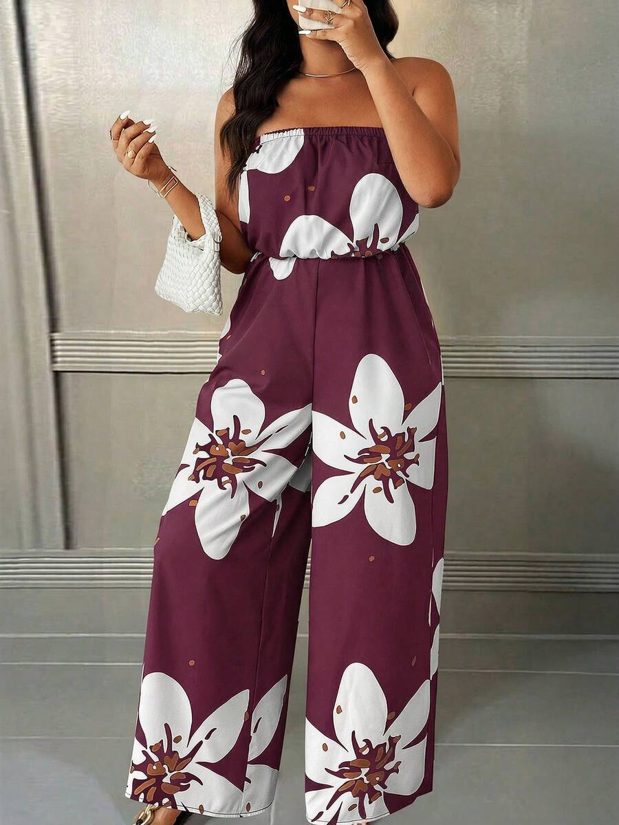 EMERY ROSE Plus Size Summer Casual Floral Print Bandeau Jumpsuit - Multicolor - View 1