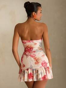 SHEIN Glamour Đầm nữ họa tiết pop, lưới in hoa, kiểu corset gợi cảm. Đầm ngắn thời trang và thanh lịch. - Màu be - Xem 2
