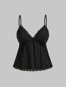 ROMWE Kawaii Plus Size Sweet & Cute Doll Style Ribbed Lace Camisole & Shorts Sleepwear Set - Black - View 5