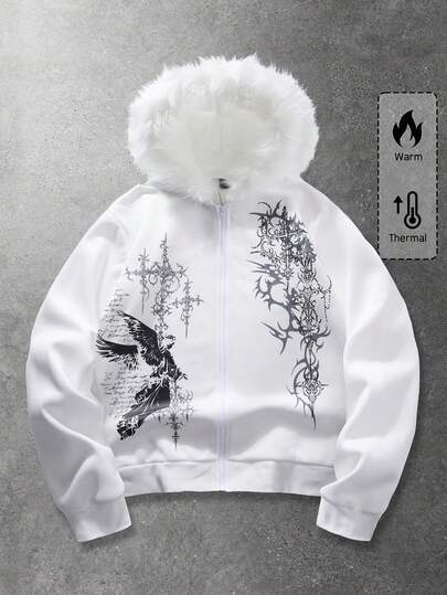 ROMWE MEN Goth Sudadera con capucha con cremallera y estampado de eslogan con cuello de piel para hombre