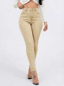 SHEIN FlexDen Quần jeans ống ôm màu trơn có đai, đa năng, thích hợp mặc hàng ngày. - Màu Khaki - Xem 2