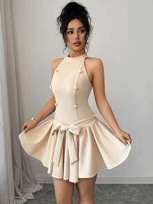 Elenzga Vestido mini de unicolor francés para dama gentil con cuello mao, cintura ceñida, falda plisada y acampanada, cinturón con lazo y botones decorativos, elegante, cómodo y romántico para uso diario y vacaciones - Caqui - Ver 5