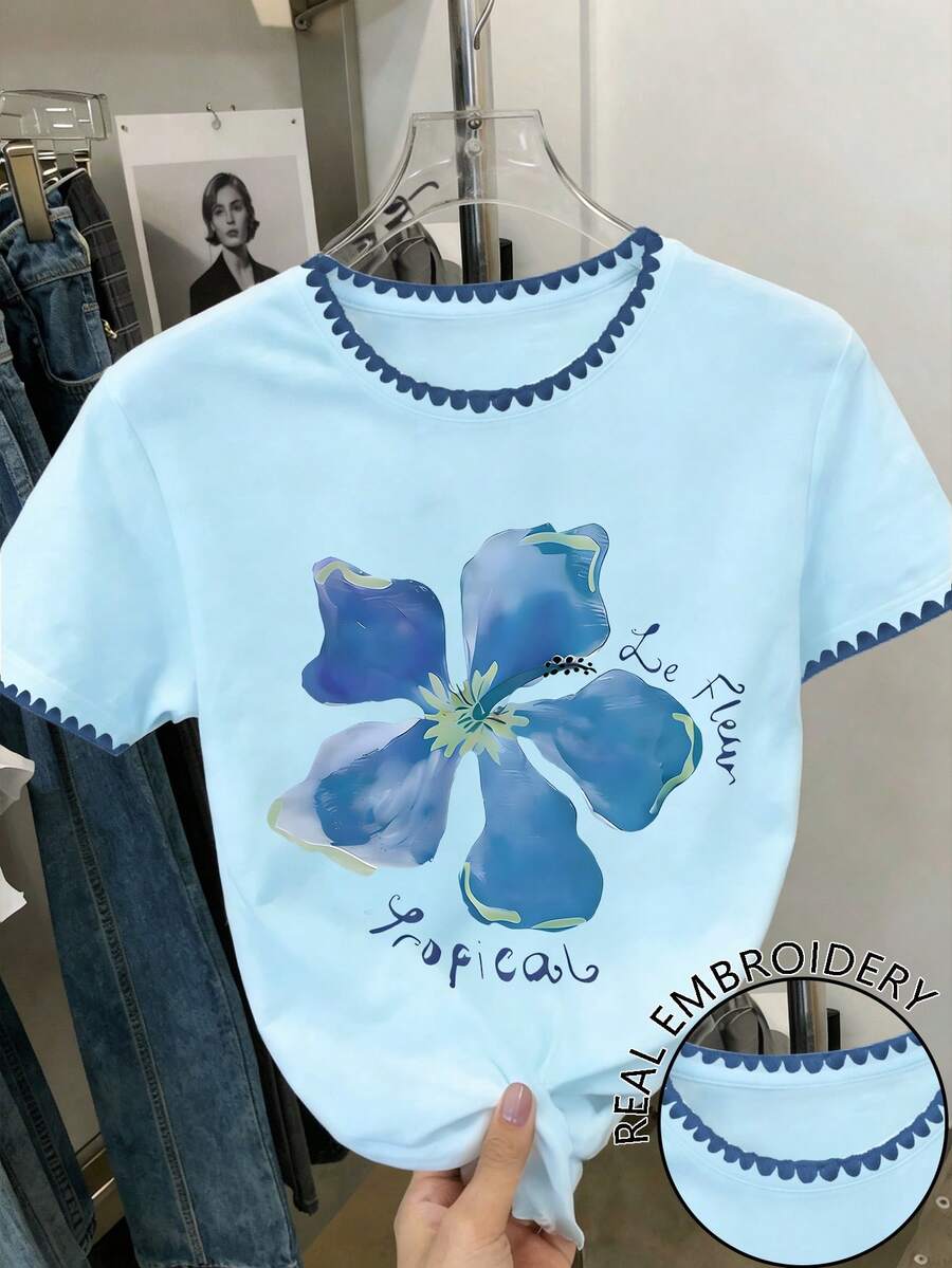 Resyla Women's Summer Vacation Floral Print T-Shirt - Blue - View 1